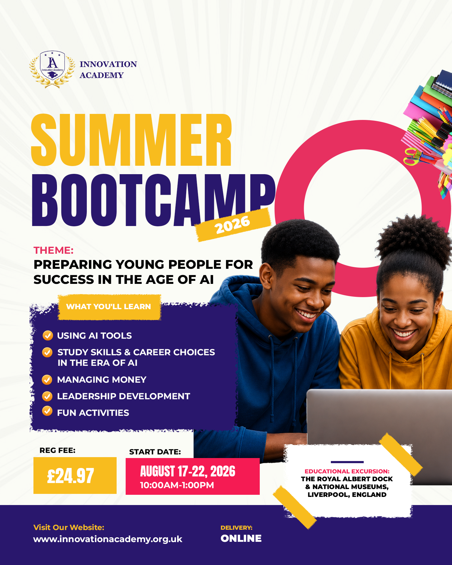 Innovation Academy Summer Bootcamp 2026 flyer — Preparing young people for success in the age of AI